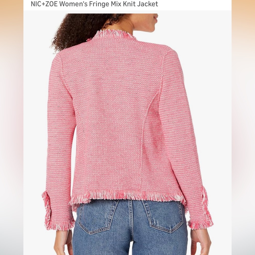 NWOT $198 NIC+ZOE Pink Tweed Fringe Knit Open Front Jacket. Size Small Petite - Picture 2 of 11